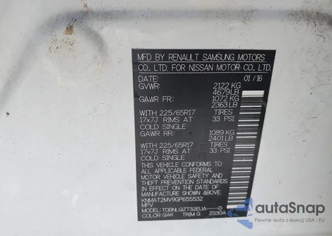 2016 Nissan Rogue Sv z USA, uszkodzony, nr VIN KNMAT2MV9GP655532